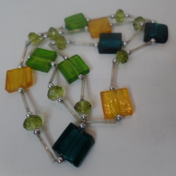 Jewelry - Unbranded Brightly Colored Square Glass & Silvertone Necklace 28" Long